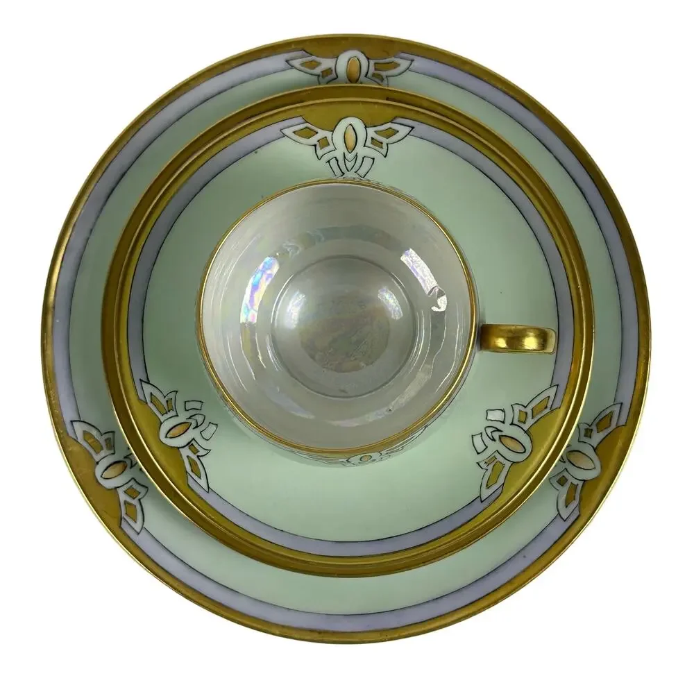 Art Nouveau Thomas Bavaria 4 Piece Luncheon Set Light Green w/Purple & Gold Rim